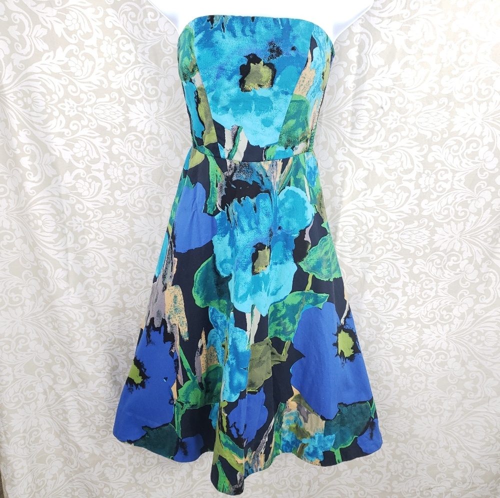 Anthropologie Strapless Floral Blue Dress Size 6